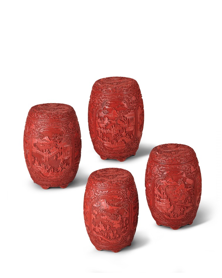 Imperial Cinnabar Lacquer 'Children at Play' Garden Seats
